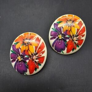Avon Passion Flower Earrings 1989 Purple Orange Red Flowers Floral Vintage
